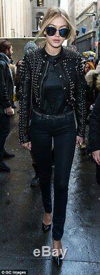 Gigi Hadid bundles up in biker Black Full Silver Spiked Studded Leather Jacket
