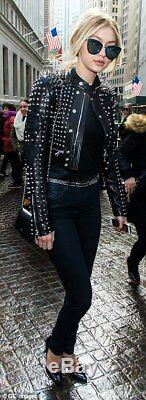 Gigi Hadid bundles up in biker Black Full Silver Spiked Studded Leather Jacket